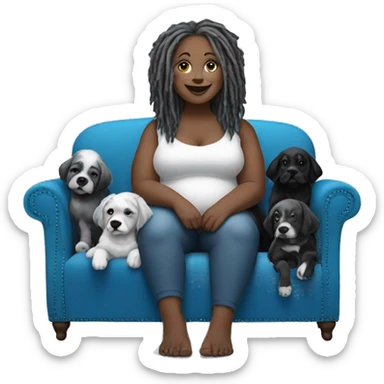 Fair skinned plus sized lady with gray dreadlocks sitting on blue sectional sofa with 9 2 toned black and white puppies  sticker