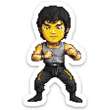 Bruce Lee in iconic fighting pose, martial arts legend sticker