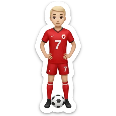 Apple iOS emoji style 20-23 year old soccer player standing hands on waist, red jersey #7, glossy 3D, clean background sticker
