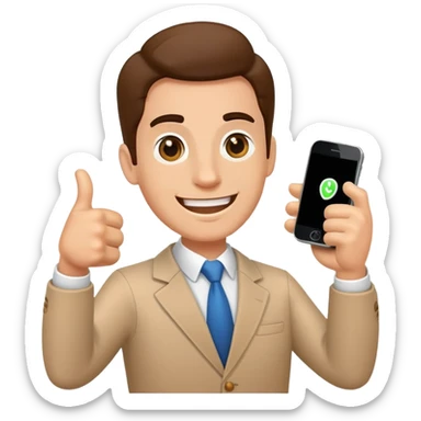 Enthusiastic salesman with phone and thumbs up sticker
