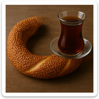 Add a traditional Turkish tea glass next to the simit, keeping the realistic style, matching the lighting and shadows. sticker
