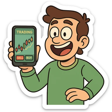 phone displaying a colorful trading app, flat modern style, bright saturated colors with greens, golds, reds, minimal but expressive, universal look sticker