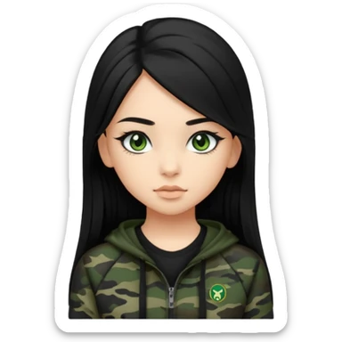 cute teenage girl, cute black trendy athletic clothes, light tan skin, very dark camo green eyes, long black hair, very long eyelashes sticker