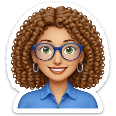 40 yr old Iranian woman, light brown very curly thick hair, shoulder length hair, green eyes, tan skin, big smile, big glasses, with pretty blue blouse sticker