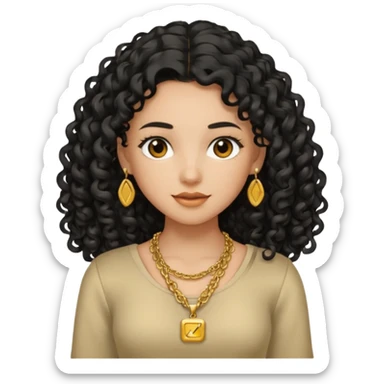 A tan girl with long black  curly hair, a gold necklace, and a square neckline shirt sticker