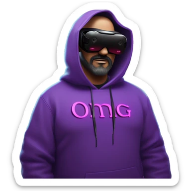 Big Lebowski wearing a black hoodie with "OMG" letters on it and VR headset oculus quest 2 in a cyberpunk VR environment with violet neon lighting. sticker