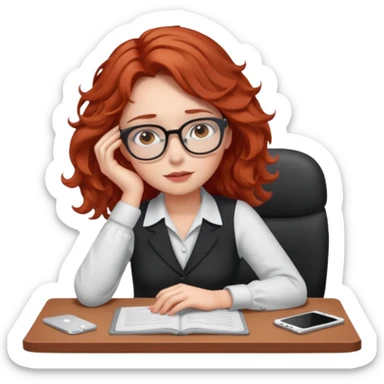 Pretty model, brown eyes, soft red wavy hair, falling asleep at desk sticker