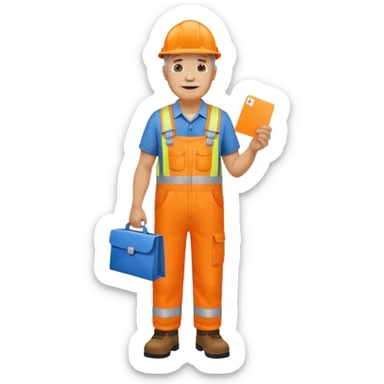 older engineer hi-vis orange overalls full body holding a card sticker