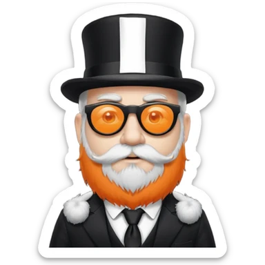 dwarf with a beard, a hairy body black sunglasses and a black top hat on his head. He also has a black tie on his chest. His nose is orange and his skin is pale white. sticker