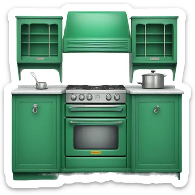 Isolated full length Realistic emerald green vintage retro kitchen range with cabinets and counters. sticker