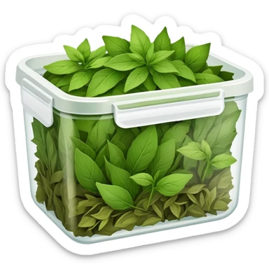 small plastic container with green dried herbal leaves which are clumped together sticker