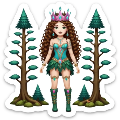 full body view of a woman with long curly brown hair, brown eyes, white skin, tattoos, wearing a crystal crown and thigh-high boots, psychedelic forest empress pose sticker