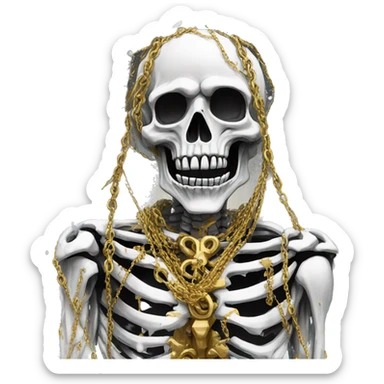 White skeleton zombie person covered in golden chains and black graffiti scribbles and red and silver doodles snowing snowflakes sticker