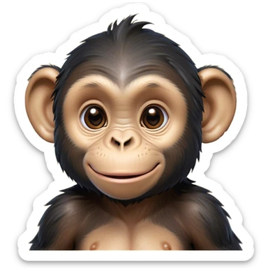 Cinematic Cute Chimpanzee Portrait Emoji, Head tilted playfully and inquisitively, with a smooth, expressive face accented by softly ruffled fur and round, sparkling eyes full of mischief, Simplified yet irresistibly adorable features, highly detailed, glowing with a warm, friendly glow, high shine, affectionate and lively, stylized with a touch of whimsical charm, soft glowing outline, capturing the essence of a mischievous yet loving chimpanzee that feels like it could leap out of the screen into your arms! sticker