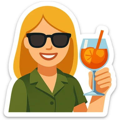Add sunglasses to the Italian girl and make her hair dark blond, keep the Aperol Spritz and vibrant toon emoji style, with no background. sticker