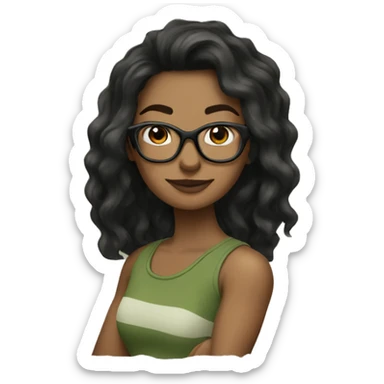 white skined woman with wavy long black hair with a olive green tank top with glasses tortoise  sticker
