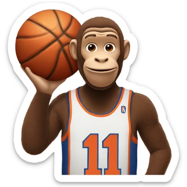 Curious George wearing a knicks jersey number 11, holding a basketball  sticker