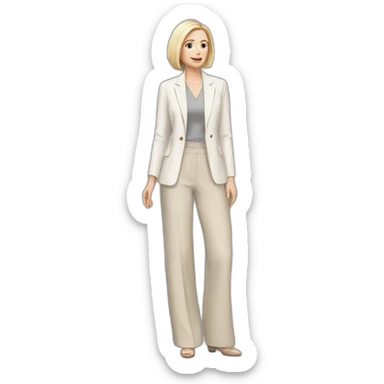 Full height Actively gesturing with hands pale skin woman with ash blonde Straightened bob Hair, White Spacious classical jacket, beige palazzo Arrow pants and gray blouse sticker