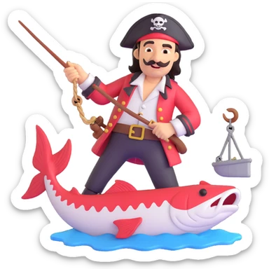 pirate captain reeling in a big fish, cheerful mood sticker