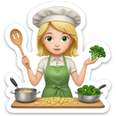Girl cooking pasta for the first time with broccoli sticker