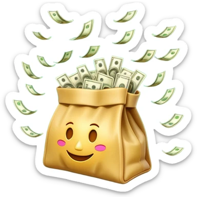 

3D emoji style, big bag of money, flying dollar bills, rich casino vibe, smooth lighting, high detail, clean edges, transparent background



 sticker