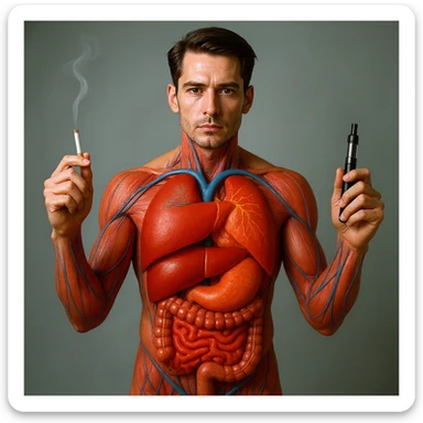 Hyperrealistic 4K vertical 9:16 medical illustration, realistic human anatomical body, inflamed liver and intestines highlighted, man holding a lit cigarette in the right hand and an electronic cigarette in the left, style identical to the reference image. sticker