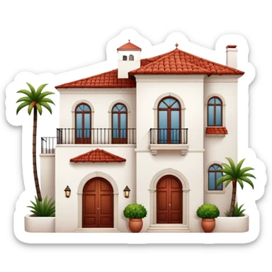 White stucco Spanish villa with red clay tile roof, arched windows, and small balcony sticker