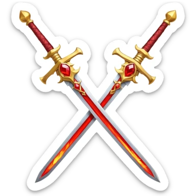 Two crossed swords that are golden in blade and handle and have fiery and royal appearence to them as well as red gem stones yellow in color sticker