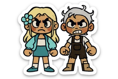 Create a couple image of these two cartoon characters standing side by side, both with angry expressions, matching their style, transparent background. sticker