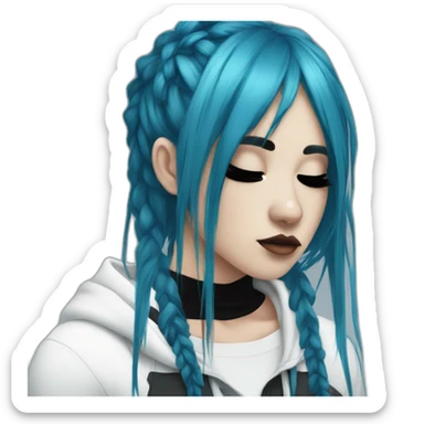 Side profile sad emo girl, black makeup, long choppy blue hair side bangs sticker