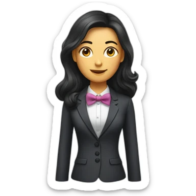 Woman with long dark hair wearing suit with bow tie sticker