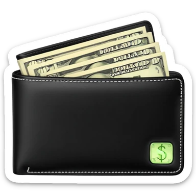 Rich emoji style black leather wallet with dollar bills, luxury money vibe, premium 3D emoji, ultra clean, high detail, no background sticker