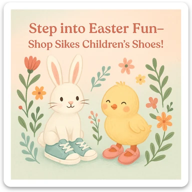 Easter-themed Instagram post featuring a pastel background with a bunny and chick wearing children's shoes, surrounded by floral accents, with a headline text: 'Step into Easter Fun—Shop Sikes Children’s Shoes!' (no logo present) sticker