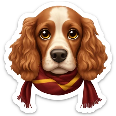 red dog Cocker Spaniel with brown nose and brown eyes in scarf of Gryffindor faculty sticker