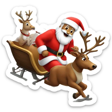 Santa in sled with reindeer flying across sky  sticker