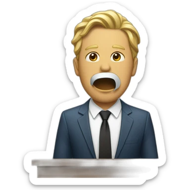 Man giving speech at podium with tape placed over mouth sticker