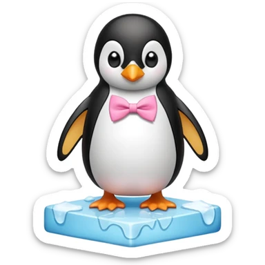 penguin, pink bow tie, standing on small ice melting block sticker