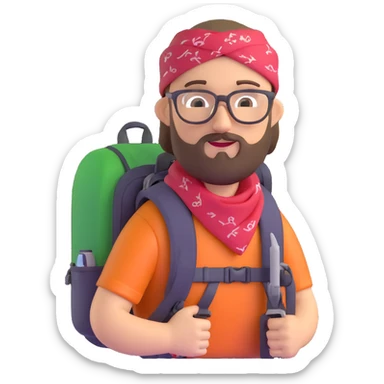 adventurer with goatee beard (no beard on cheeks), short hair, glasses, bandana on head and backpack sticker