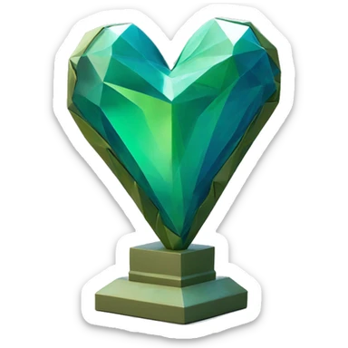 A blue-green heart sculpture with a geometric, faceted design. The heart is standing upright with angular and romantic vine features. The vibrant green colors highlights the sharp edges and planes. sticker