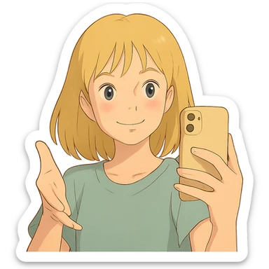 ghibli style illustration of a blonde girl taking a selfie with soft colors sticker
