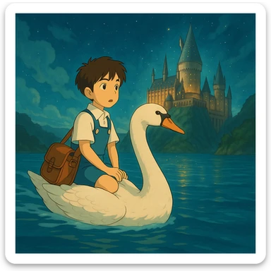 The same anime boy character from the reference image, in Studio Ghibli style, riding a large swan over water. In the far distance, Hogwarts, a magical school, is visible as his destination. Magical, whimsical atmosphere, detailed background. sticker