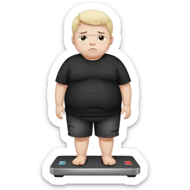 sad fat young boy in black t shirt on weight scale  sticker