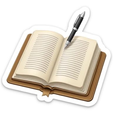 "A white open book,The pen should be positioned as placed exactly in the center between the pages.  if held by a right-handed person - meaning the direction is reversed compared to a left-handed grip. The pen should be uncapped, and the cap placed behind it." sticker
