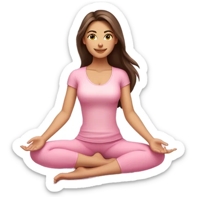 Brunette long hair and brown eyes yoga beautiful girl in light pink pink pink clothes sitting on a yoga mat sticker