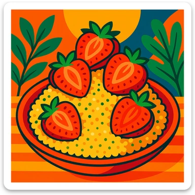couscous dish topped with sliced strawberries, colorful, inviting, food illustration sticker