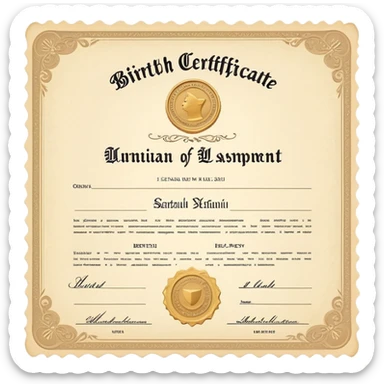 Birth certificate document with name, date of birth, and official seal sticker