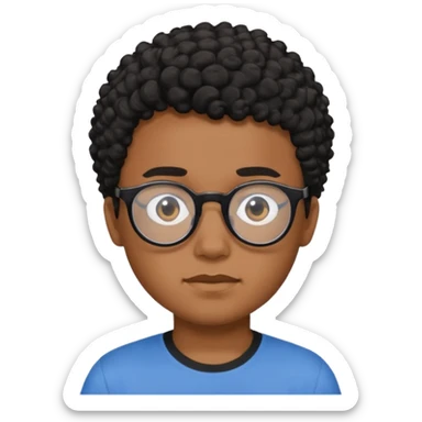 Menino moreno com cabelo curto cacheado preto, de óculos preto e blusa azul sticker