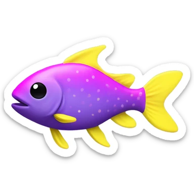 tiny fish with purpleish pink front face and half front of body, neon yellow back half and black dot on top fin sticker