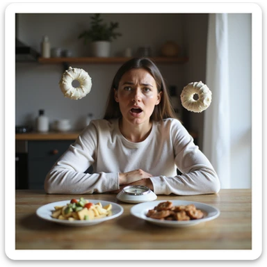 adult woman, photorealistic, yo-yo diet effects, sitting at table with plates of healthy food and sweets, frustrated expression, scale with changing numbers, natural light, kitchen background sticker