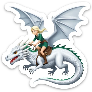 Large white dragon flying with a  female rider on top of it sticker
